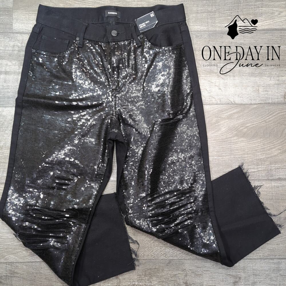 Express Sequin Straight Ankle High Rise Jeans Black Distressed NWT Size 8S